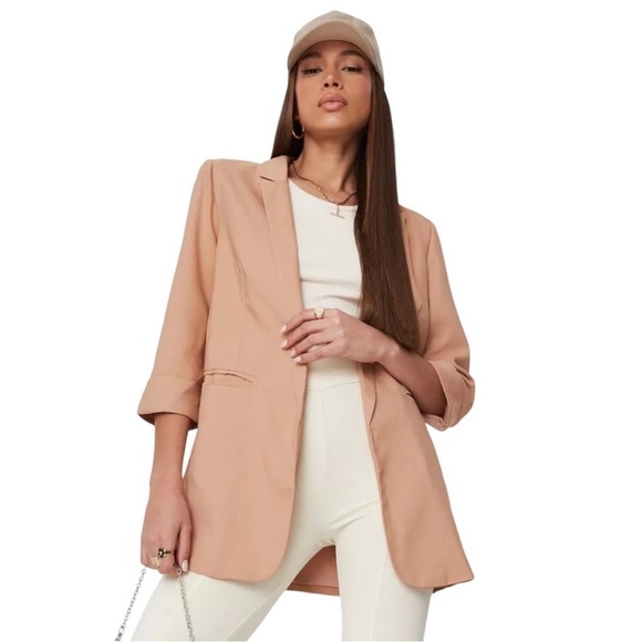 Missguided Oversized Boyfriend Camel Colored Fully Lined Open Front Blazer - Picture 2 of 15